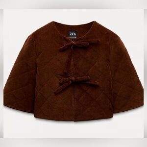 Zara Quilted Cropped Jacket Brown XL Short Sleeve Tie Front